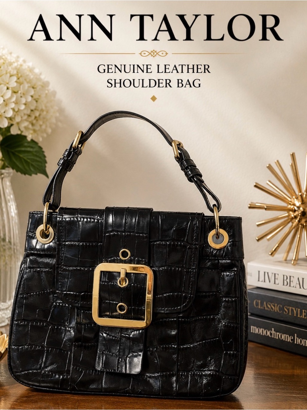 Ann Taylor Black Croc-Embossed Leather Shoulder Bag with Gold Hardware